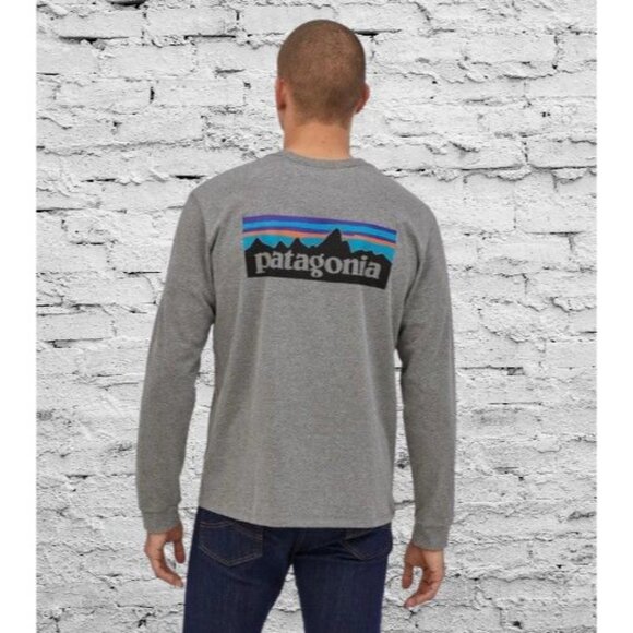 Patagonia Men's Small Long Sleeve T-Shirt Crewneck Grey Back Logo Graphic | - Picture 1 of 7